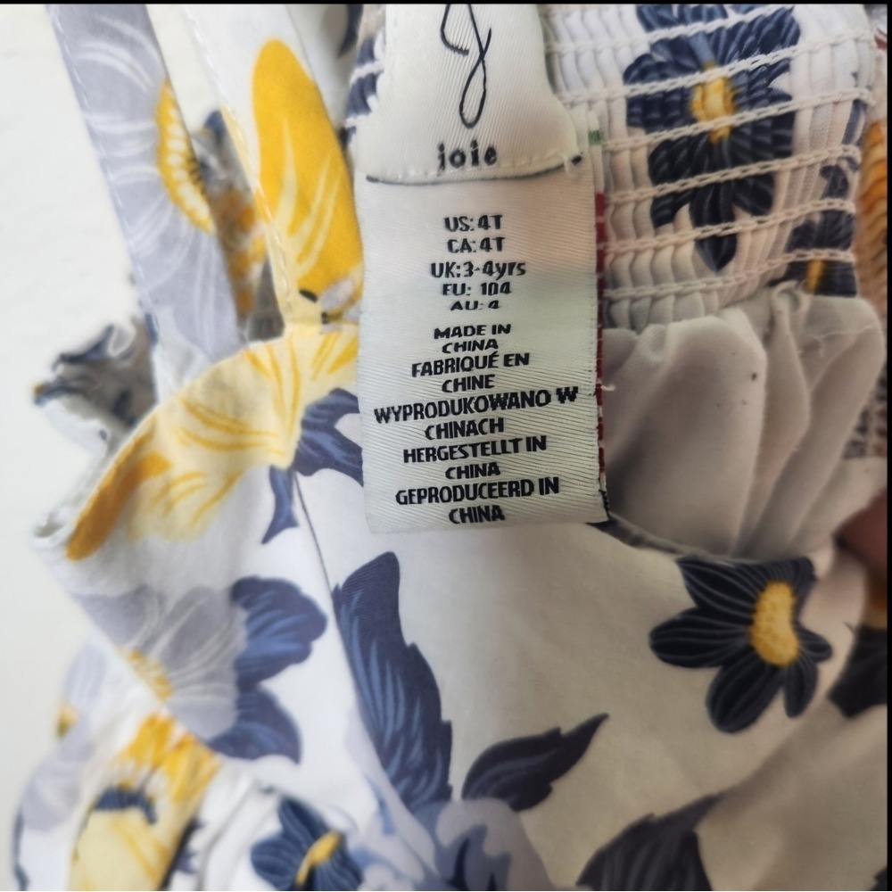 Joie White Blue Yellow‎ Floral Girls Sun Dress 4T Smocked Lined Handkerchief Hem - Picture 7 of 7